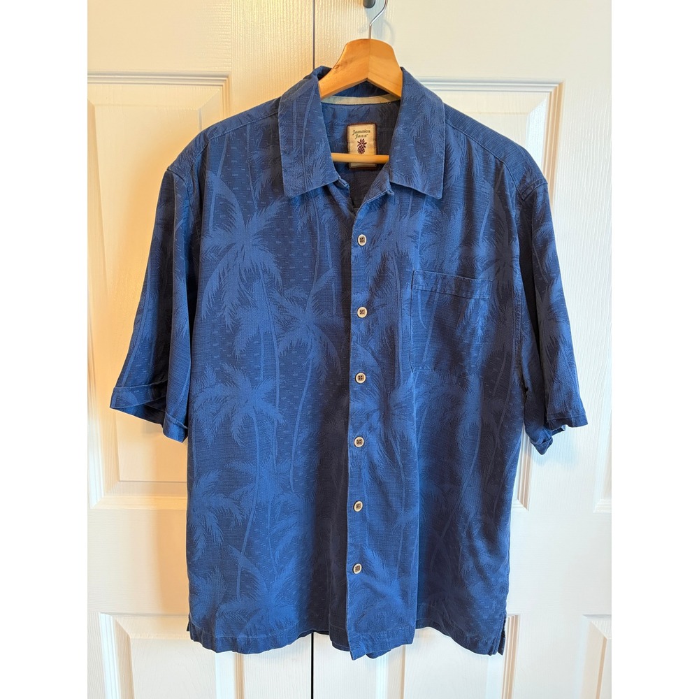 Jamaica Jaxx Mens Blue Palm Tree Jacquard Silk Blend Camp Shirt XL 24x29